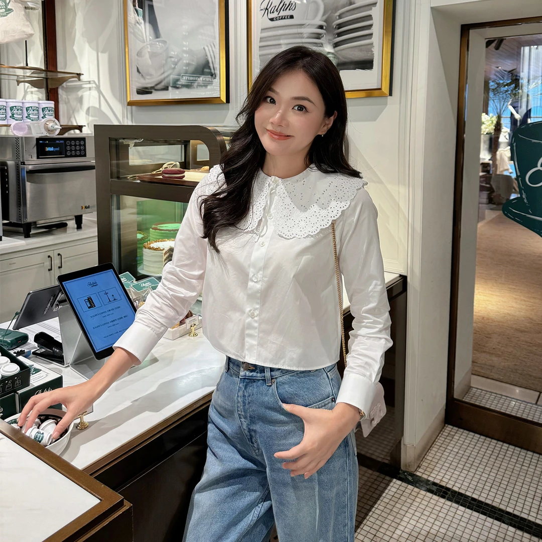【琳媚】“衬衫”1OO%棉水溶绣花镂空长袖宽松短款白色衬衫女