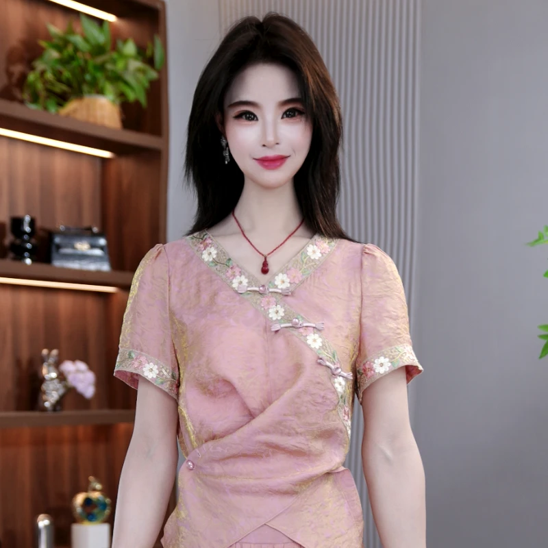 2025夏季气质刺绣新中式国风盘扣减龄套装两件套M-4XL