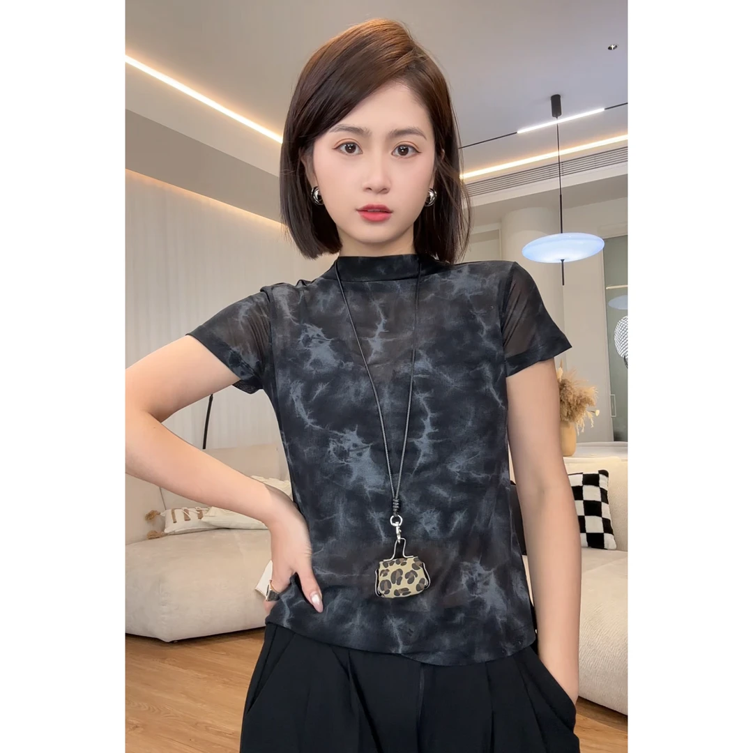 NANAKIKI【乌云】百搭设计感显瘦透气晕染百搭网纱短袖AM056