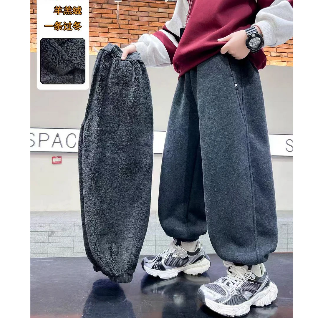 【加绒】冬季新款个性百搭中大童后兜Bs一体绒纯色休闲裤9736