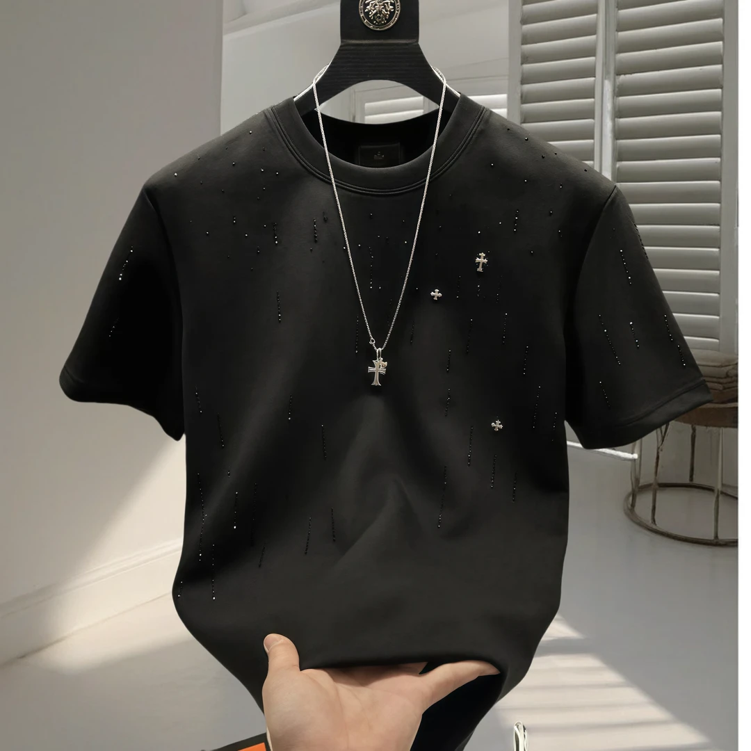 2025春夏新款男士上衣轻奢爆款高定流星满钻重工半袖圆领T恤
