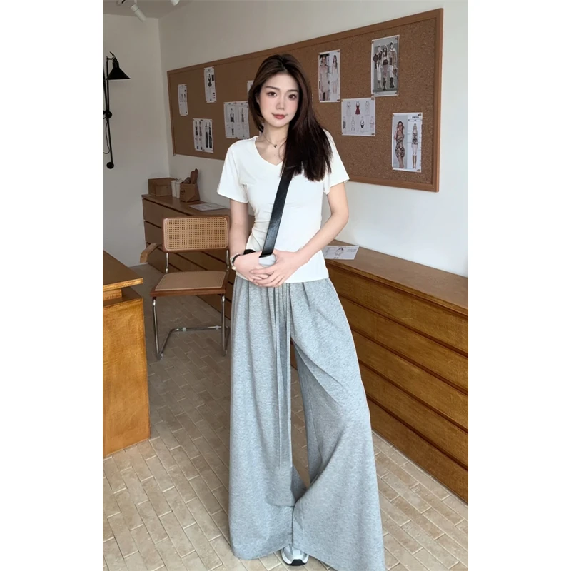 48h 重工裙裤/加长夏季高腰显瘦休闲薄款抽绳阔腿长裤女 SU016