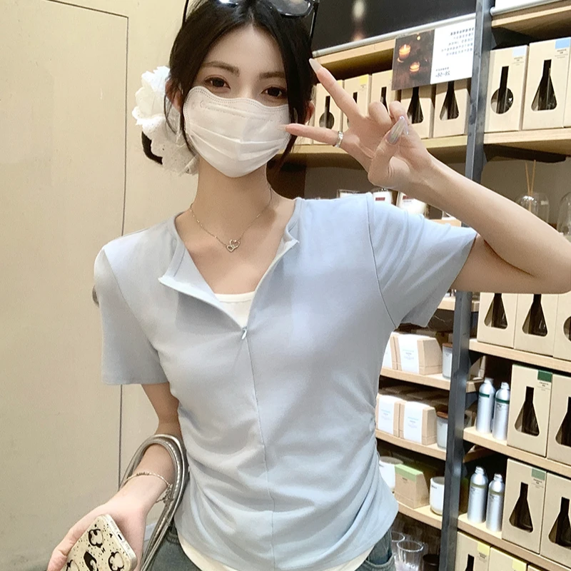 假两件v领短袖t恤女夏季大码胖mm收腰遮肚子撞色半拉链不规则上衣