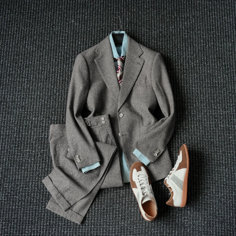 CssuGent 那不勒斯皇后高定 人字纹羊毛西服套装男老钱复古西装潮