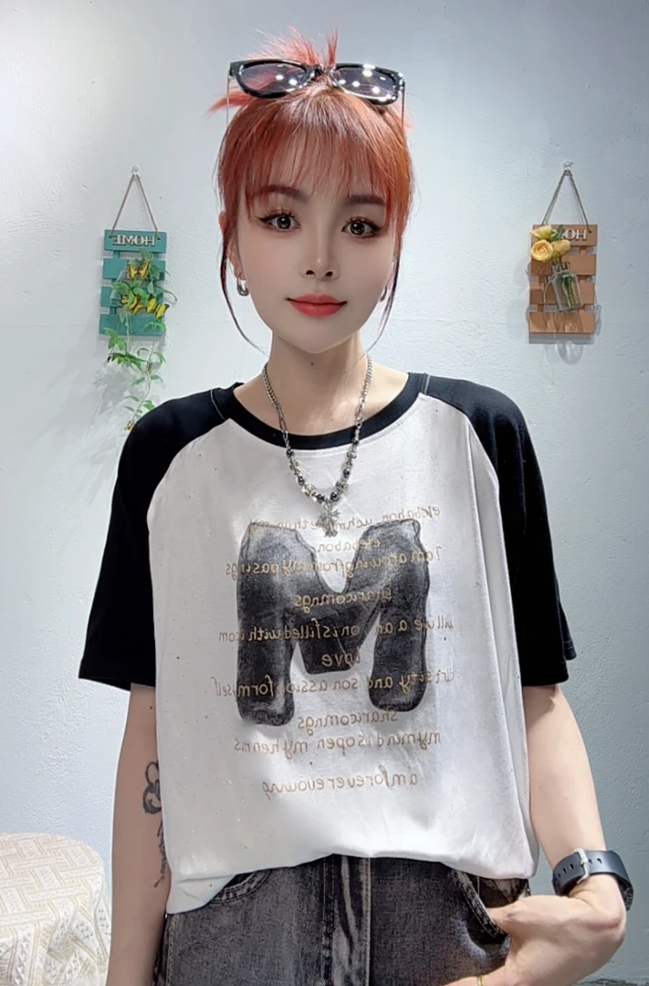 qc777-夏季M新款短袖拼接潮流插肩袖女百搭上衣