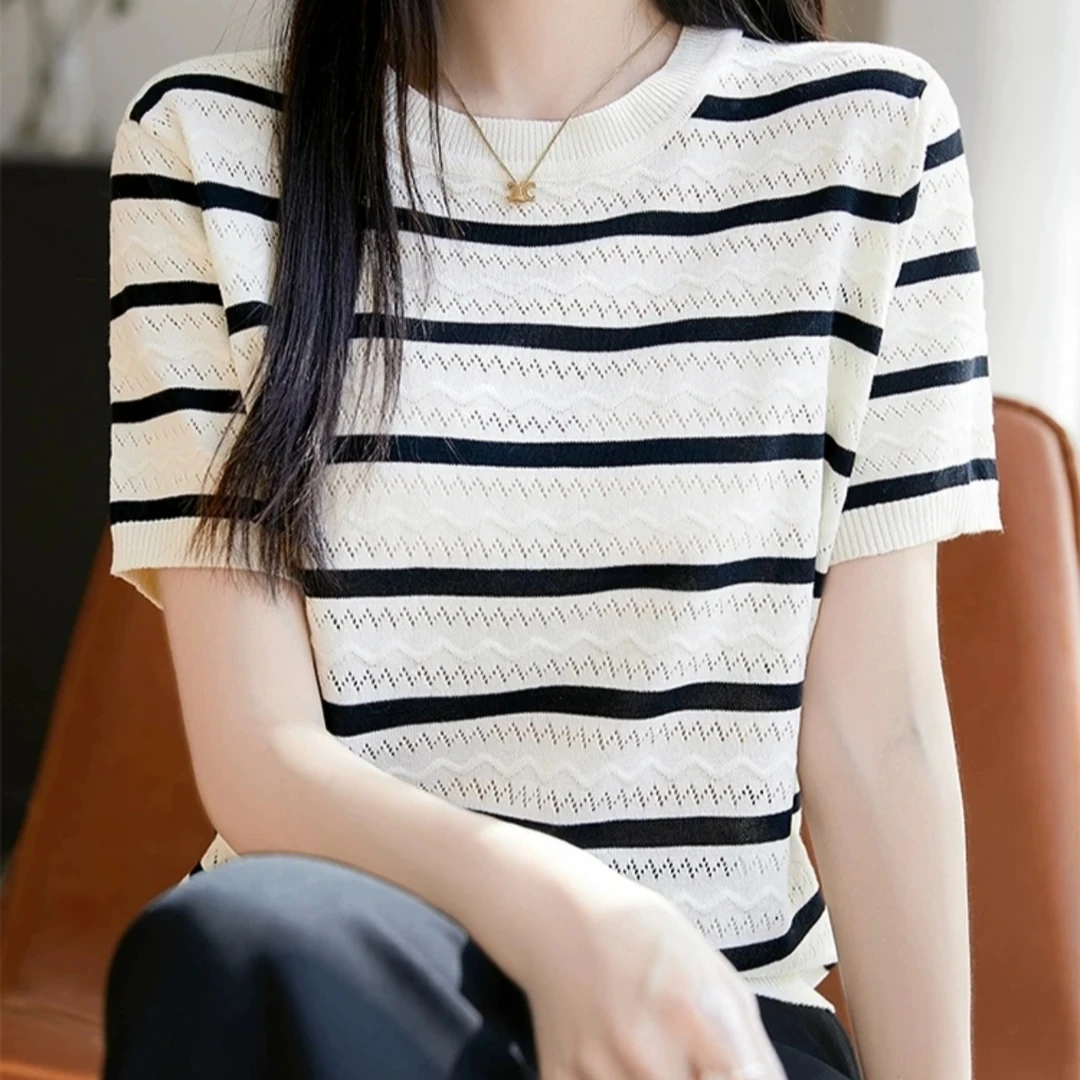 宽松大码90-180斤条纹针织冰丝爽感显瘦镂空薄款圆领时尚洋气小衫