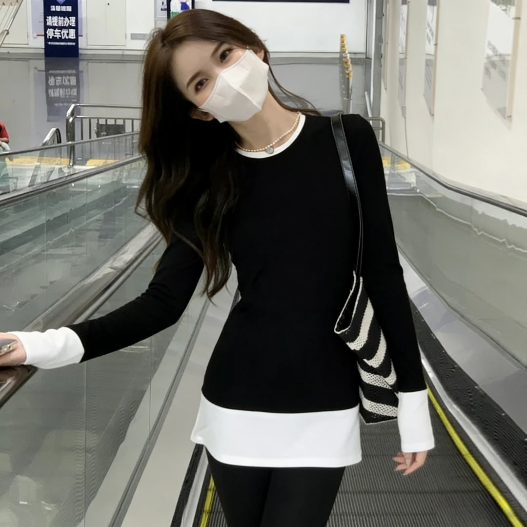 高级韩版chic别致黑白撞色假两件秋季时尚休闲百搭显瘦打底上衣潮