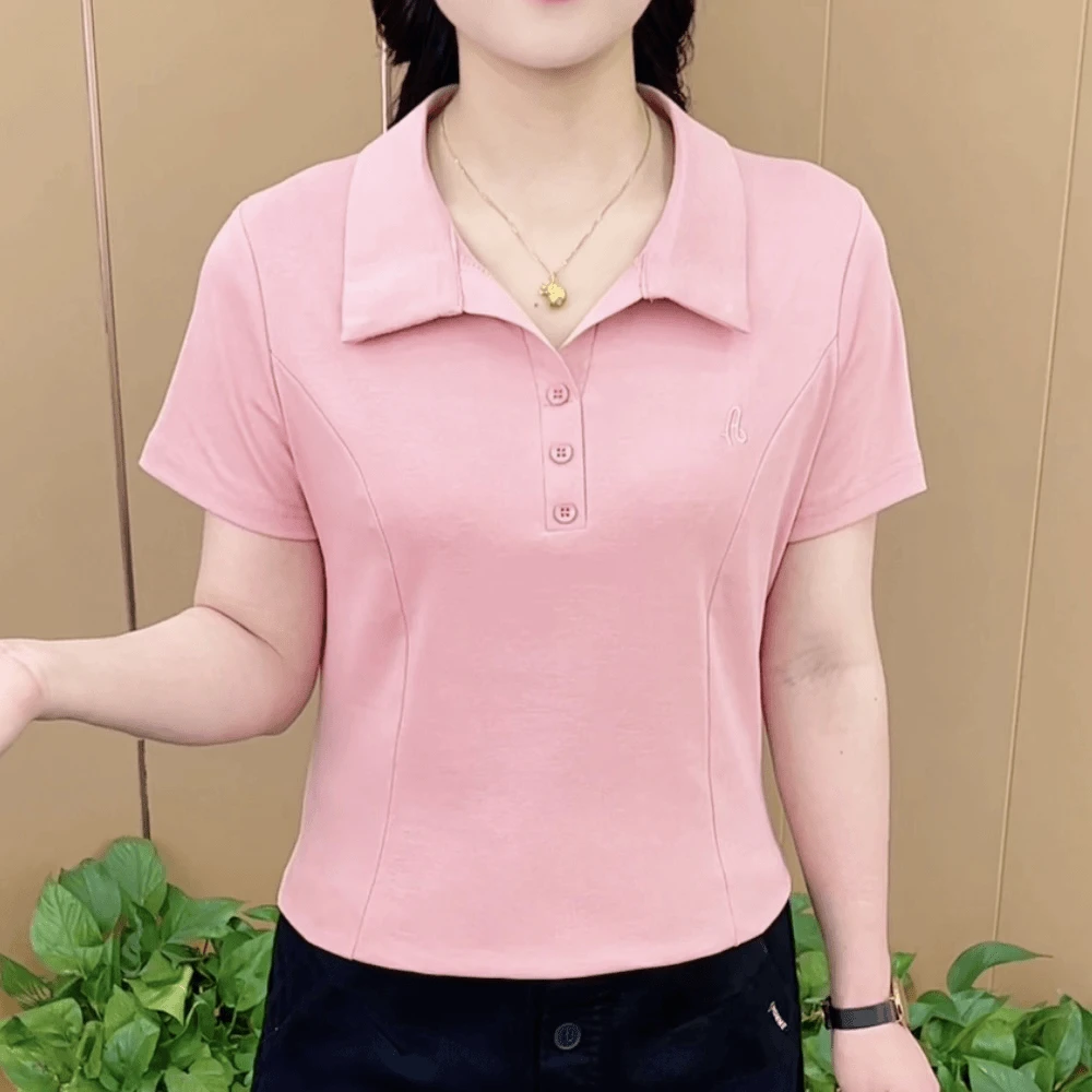 夏季新款休闲风时尚潮流大码中年女士休闲女装韩版宽松翻领女士