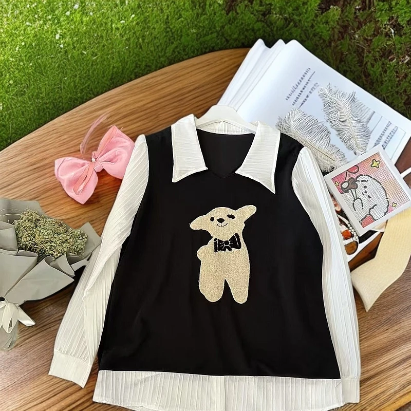 小羊假两件衬衫显瘦洋气时尚外穿减龄秋季假两件衬衫