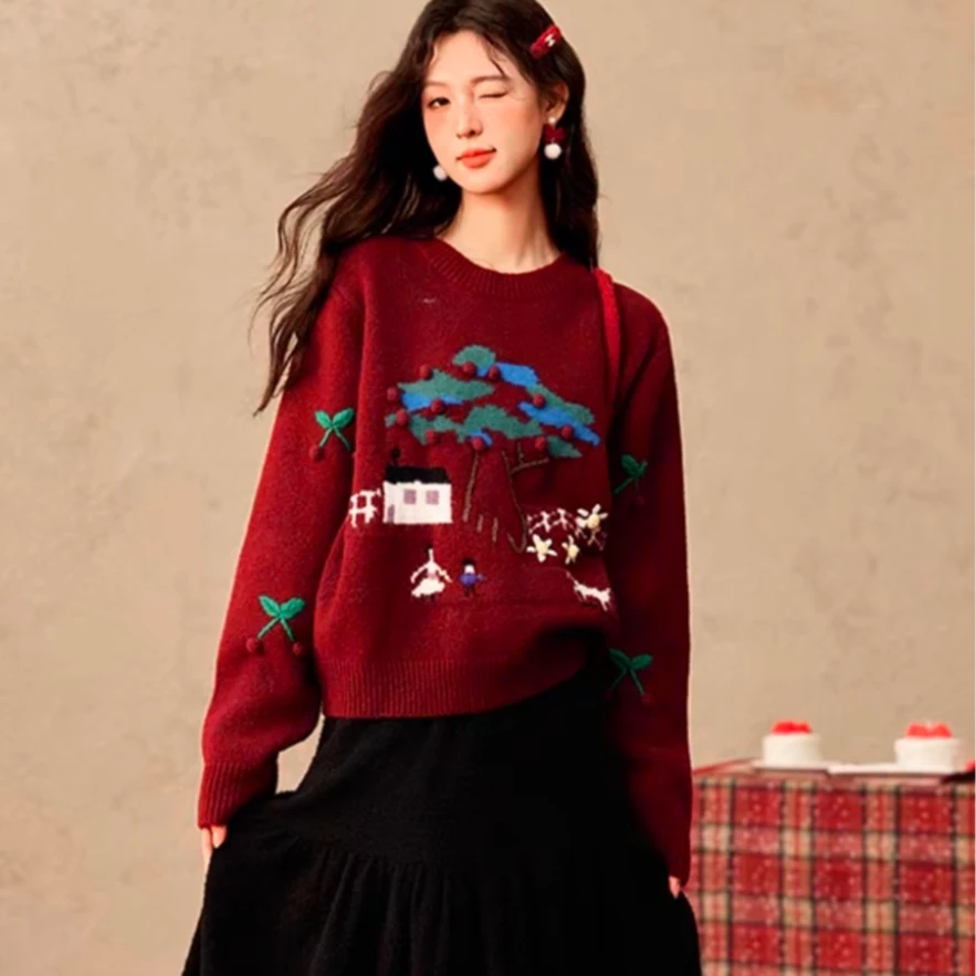 1131减龄软糯羊毛红色毛衣女冬季新韩系别致显瘦气质上衣