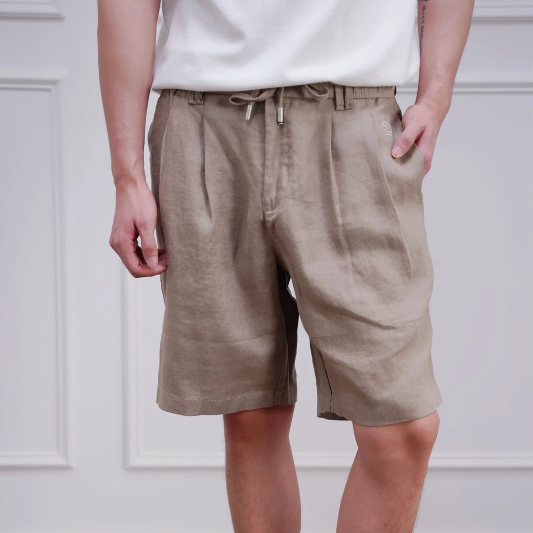 男士亚麻休闲短裤宽松百搭夏季薄款松紧腰纯色复古短裤