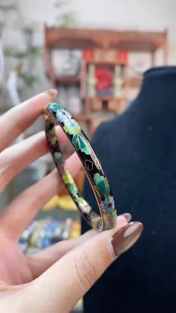 非遗手工景泰蓝开口银蓝镯子黑色