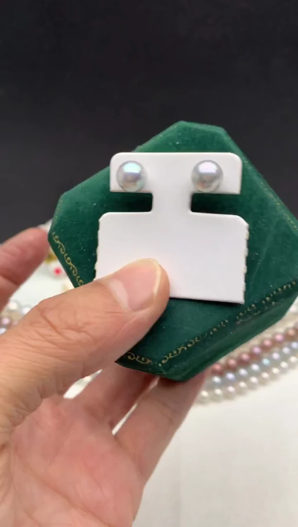 银S925镶嵌ff海水珍珠akoya灰珠耳饰7~8mm