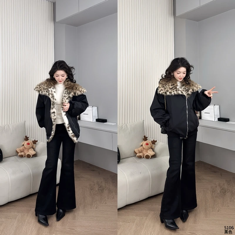 高端豹纹毛毛领加棉加厚棒球棉服外套女冬款保暖时尚夹克YF5106
