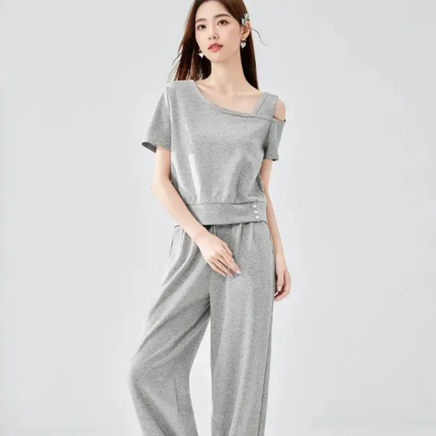 5617时尚露肩卫衣短袖阔腿裤两件套女夏季2025新款减龄套装潮
