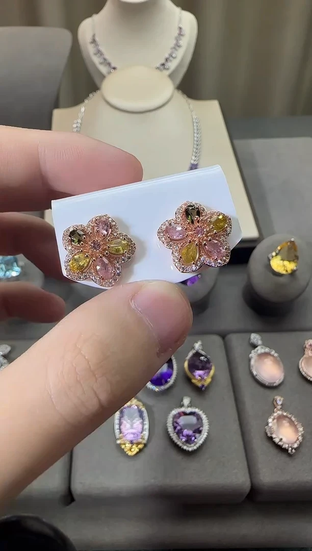 银S925镶嵌耳饰碧玺15mm耳钉繁花设计款多样性发一