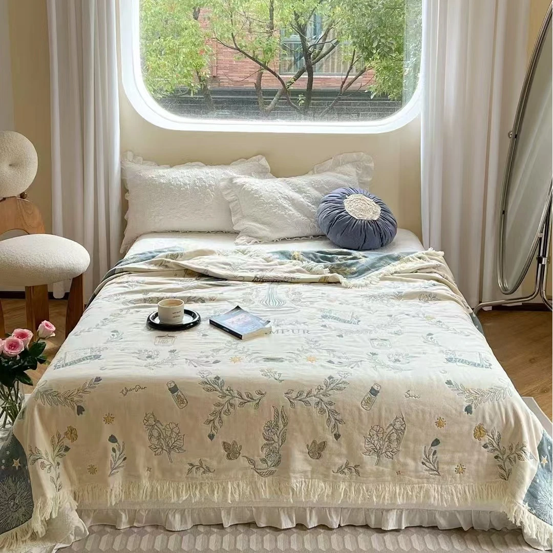 【爱的天秤】纯棉流苏纱布艺术毯沙发巾钢琴毯床盖午休毯