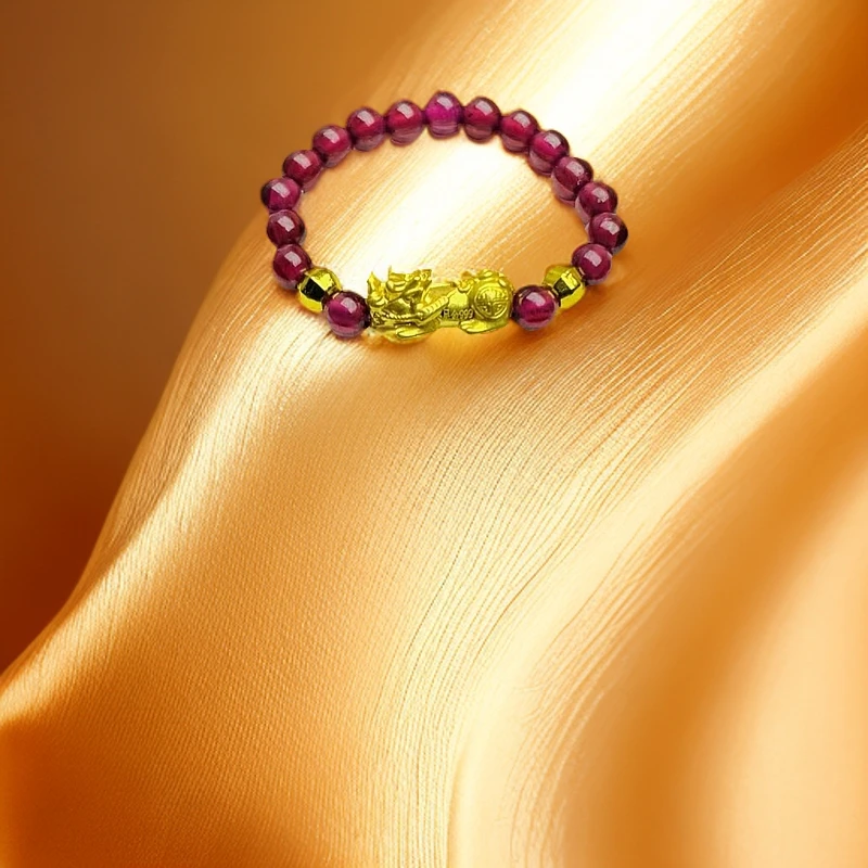 【黄金补贴】黄金足金貔貅搭配石榴石女款气质戒圈