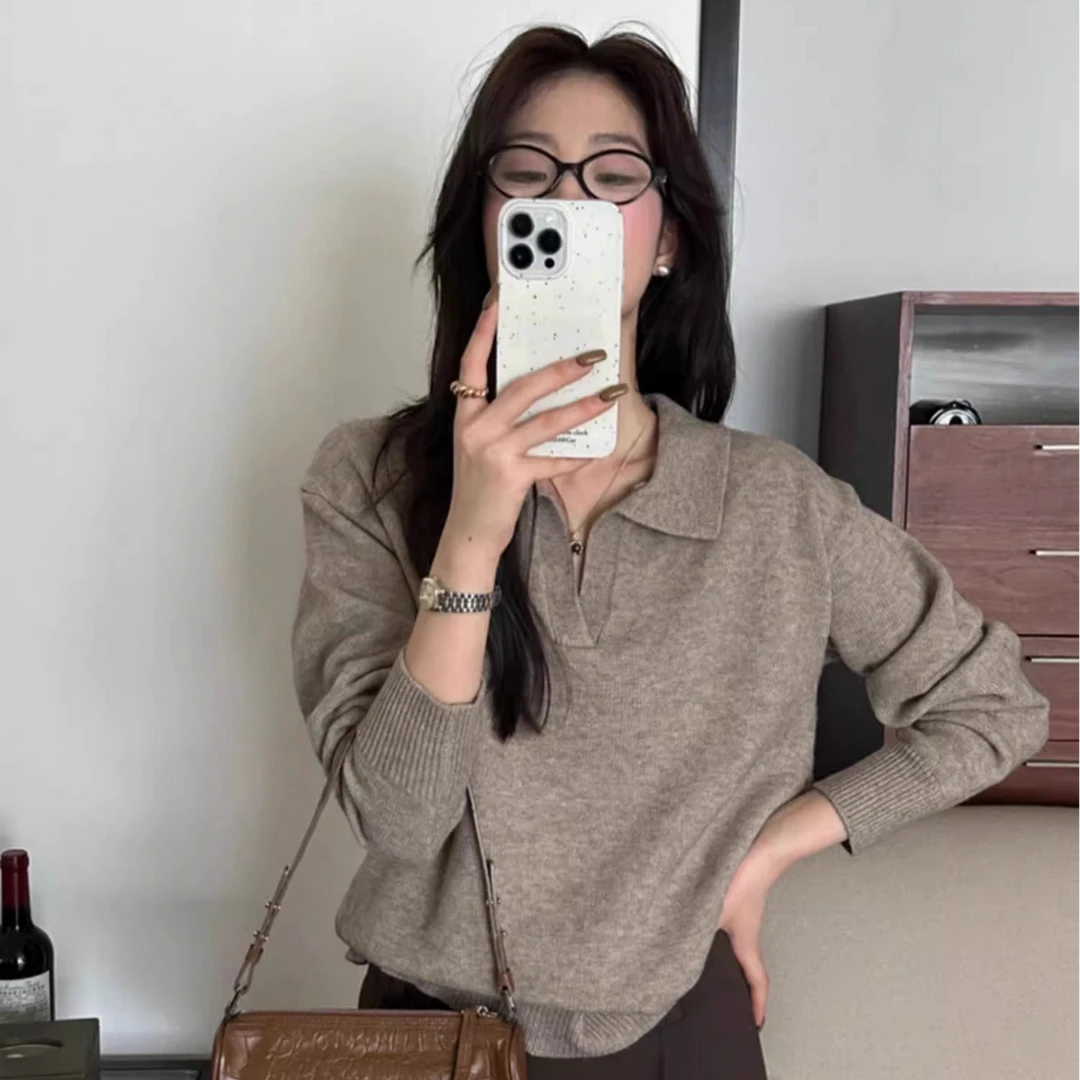 慵懒高级感翻领针织衫女秋冬气质内搭毛衣短款polo衫灰色上衣春秋