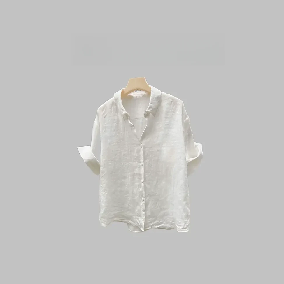 “隐归高级”100%定制进口亚麻白色短袖衬衫女休闲百搭薄款衬衣夏季