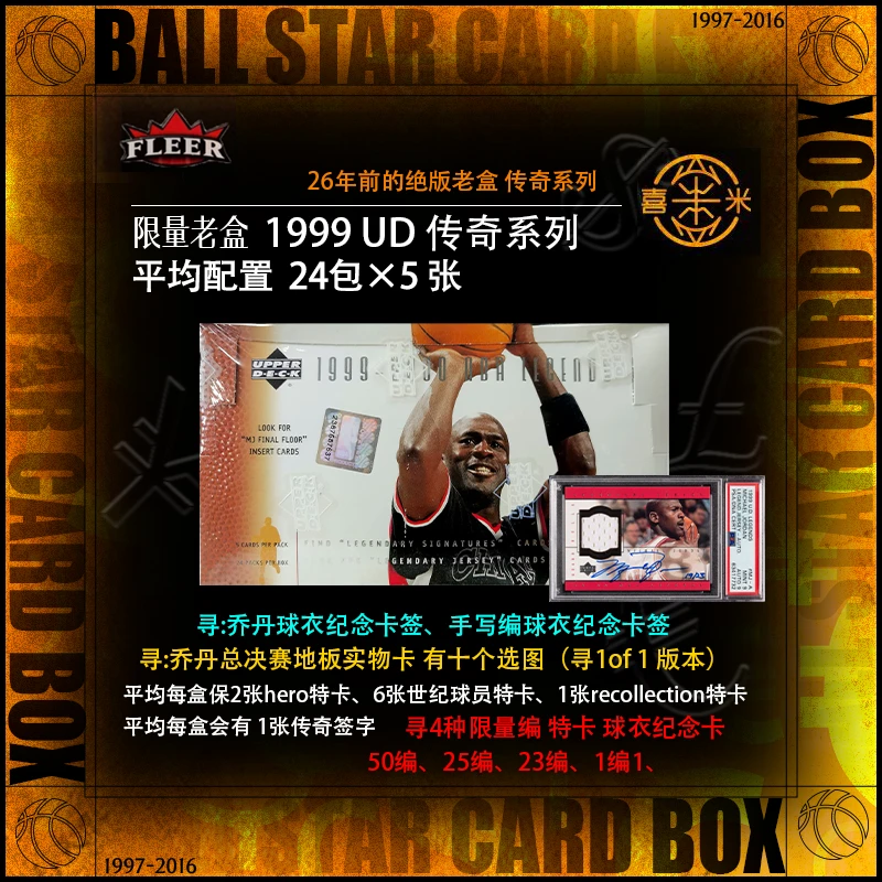 1999 UD 传奇系列 球星原封寻乔丹球衣纪念卡手签写编签、地板实物
