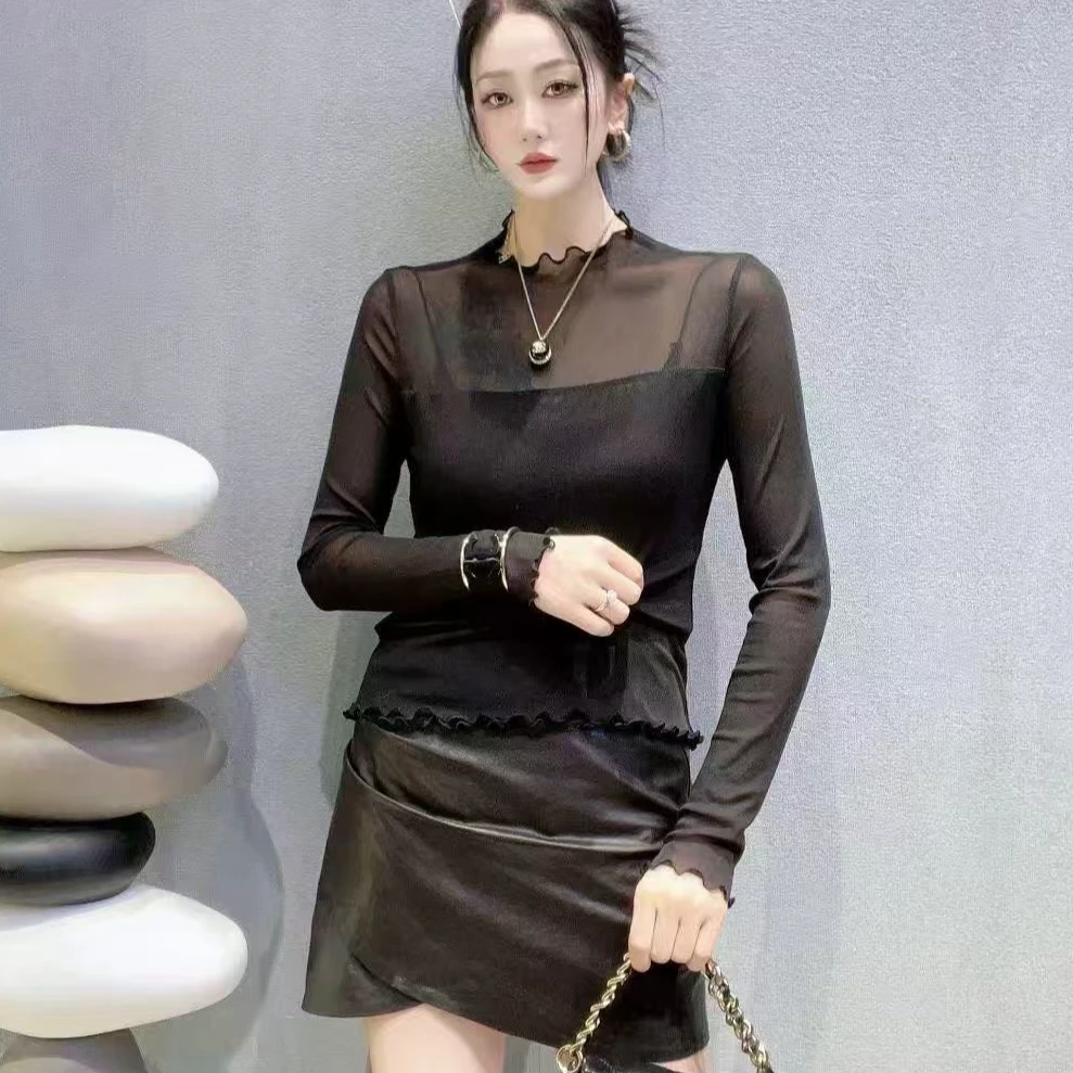 【锦衣服饰】7681韩系简约木耳边网纱长袖衫