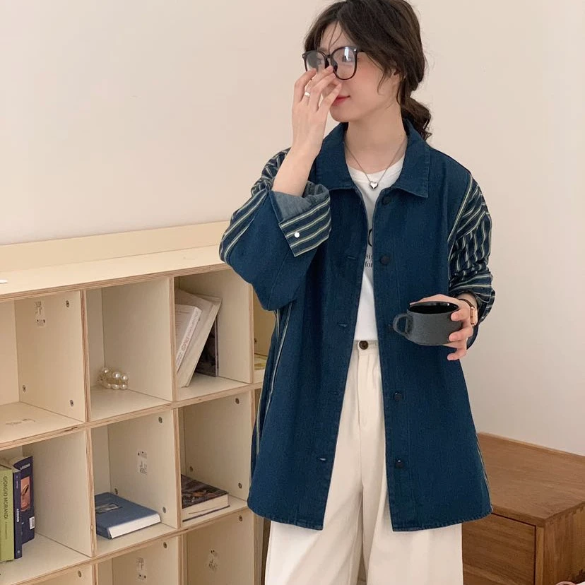 竖条纹拼接牛仔外套2025春季新款慵懒风百搭休闲长袖单排扣上衣
