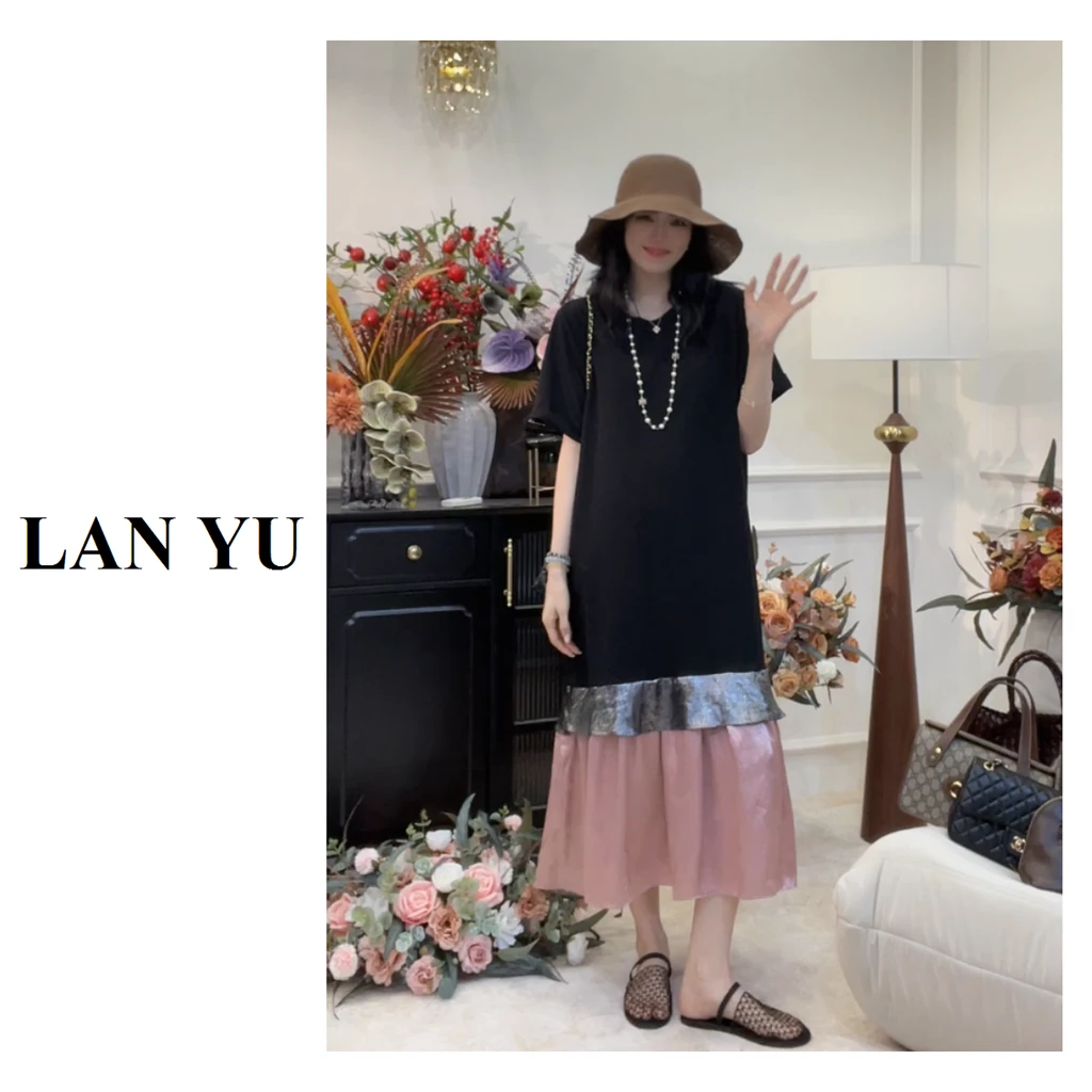 【金粉世家】小众设计感夏季新款缎面拼接时尚圆领显瘦连衣裙