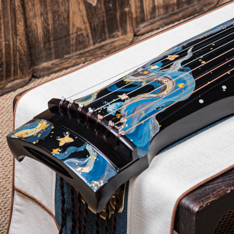 宵华古琴 仲尼式 手绘梦蓝蝴蝶 半生漆老衫木 乐圣弦 紫光檀配件