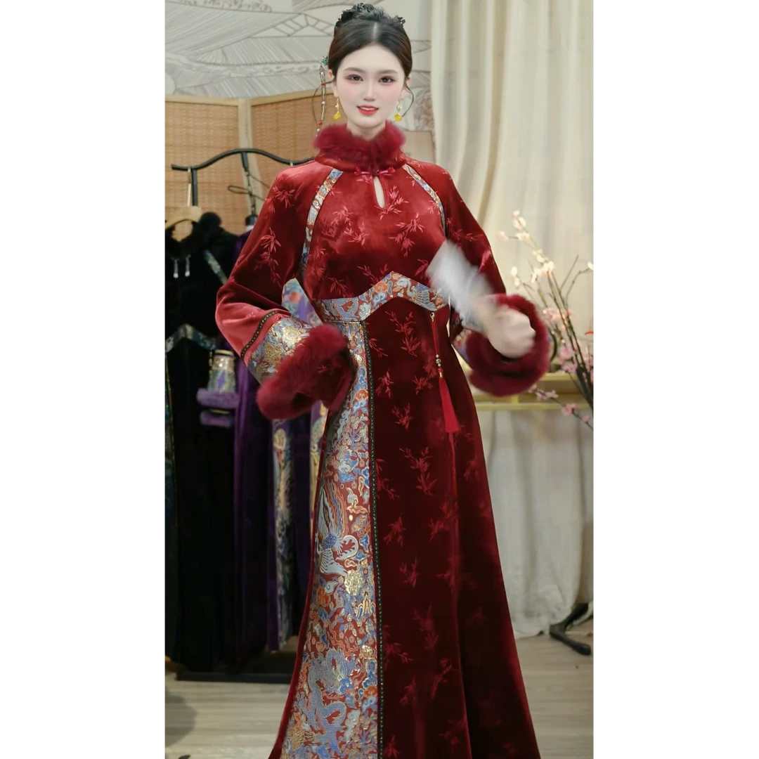 羽唐名2025冬季新款红色民族风加绒复古女装旗袍套装（A058+5833）