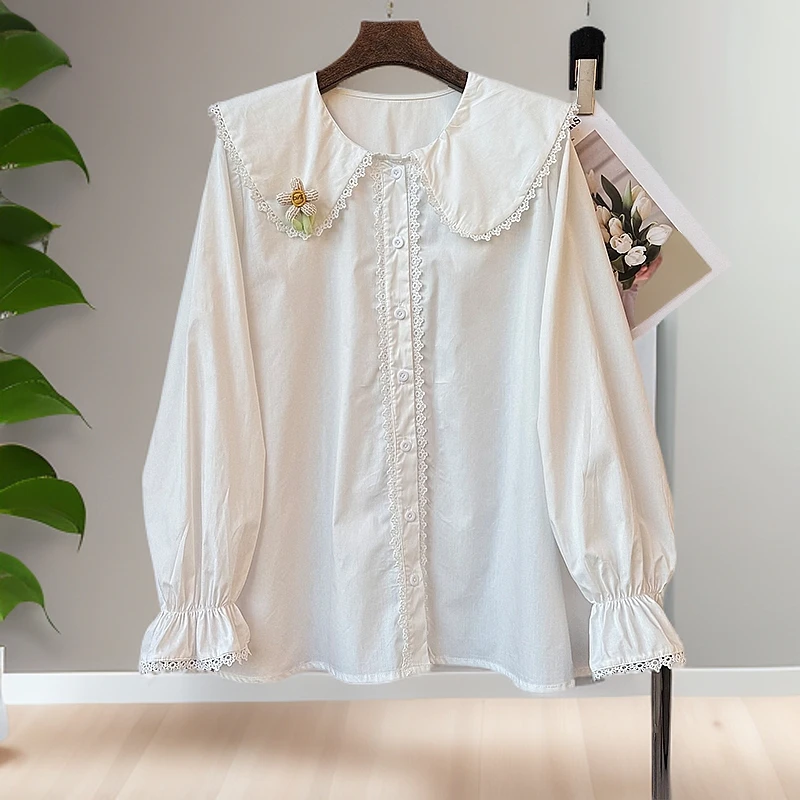 大码娃娃领长袖衬衫260斤胖妹妹加宽加大女打底衫内搭可外穿洋气