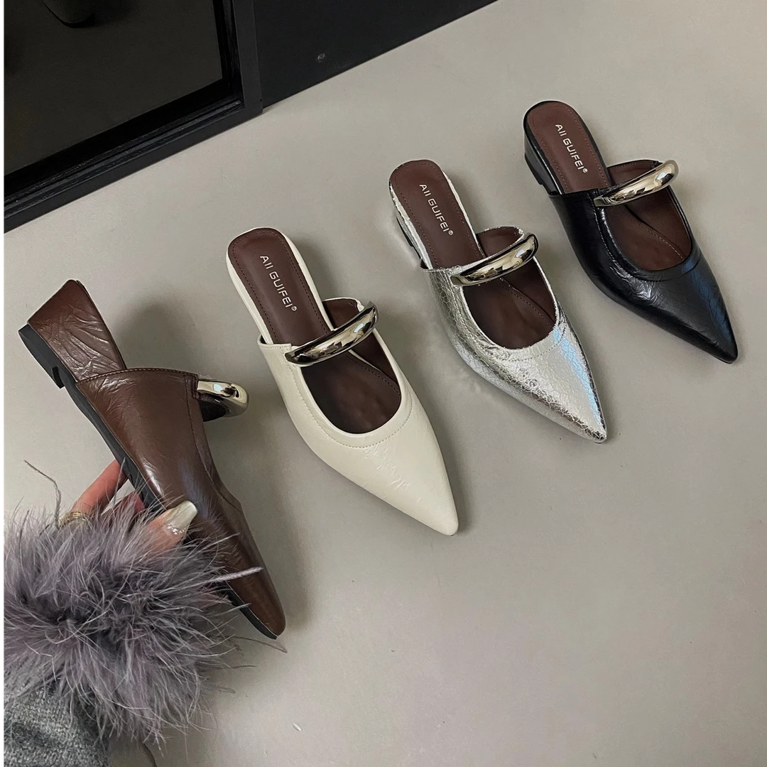 2025新款软皮增高尖头包头半拖鞋女外穿坡跟法式一脚蹬玛丽珍凉拖