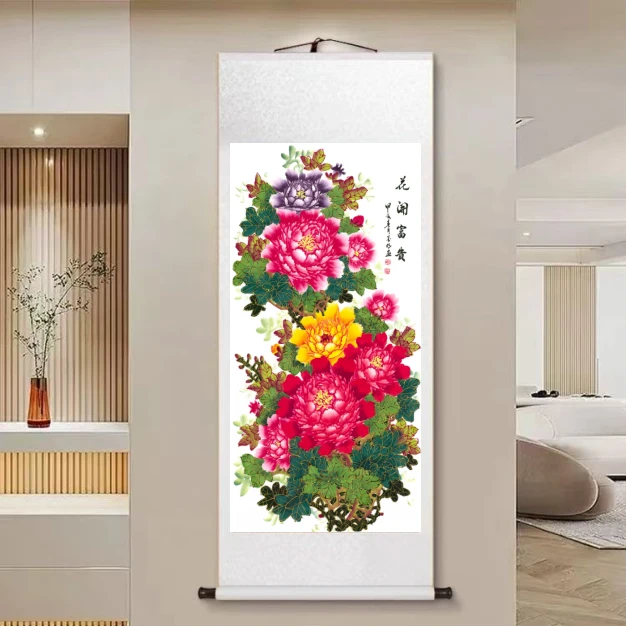 【金线牡丹·花开富贵】150*60新中式竖幅实木卷轴挂画客厅书房挂画