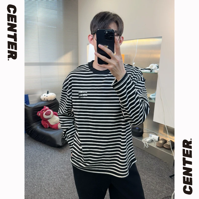 CT【撞色条纹】肌理感条纹春季长袖T恤男女同款宽松休闲上衣打底衫