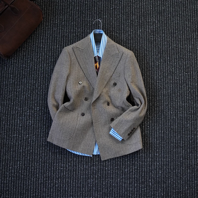 CsuGent秋冬季人字纹羊毛戗驳领双排扣西服男高定保暖西装外套潮