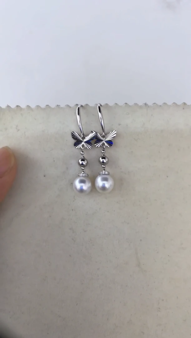 银S925镶嵌海水珍珠耳饰耳钩7-8