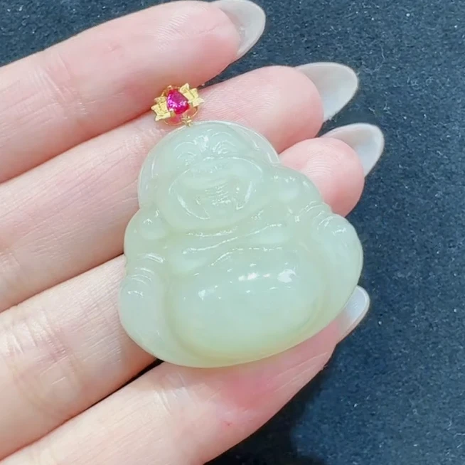 HJ4635 18K金镶嵌和田玉佛公吊坠-配链/绳