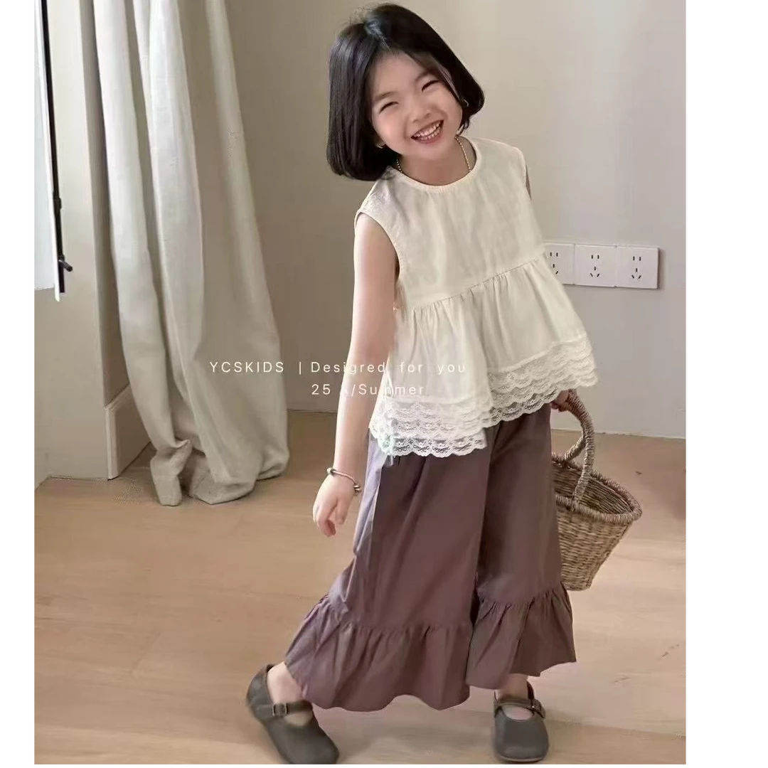 女童2025新款韩系夏季套装洋气蕾丝无袖花边上衣背心鱼尾九分裤潮
