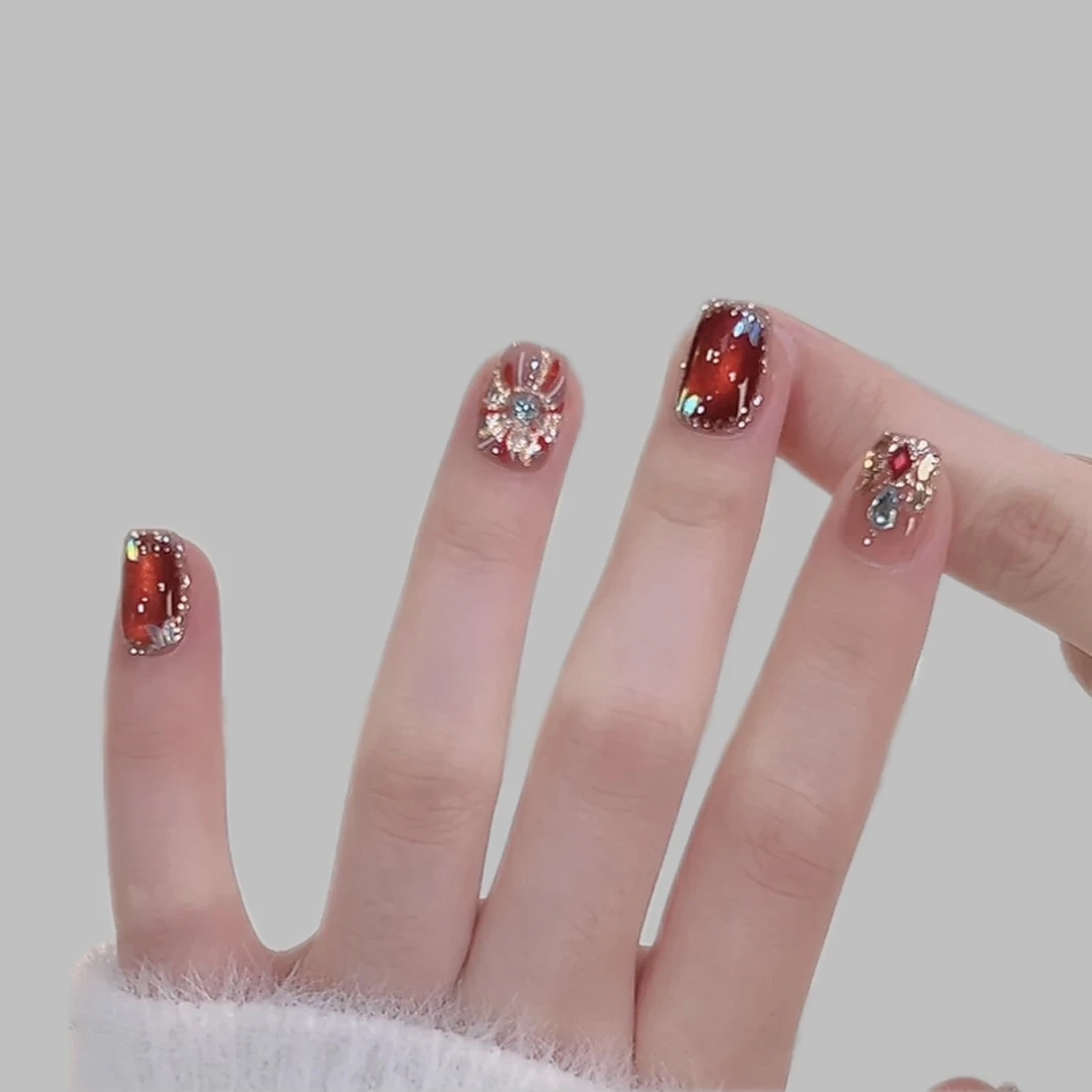 告白烟花手工穿戴甲中长款时尚气质红色猫眼手绘烟花穿戴式美甲魅