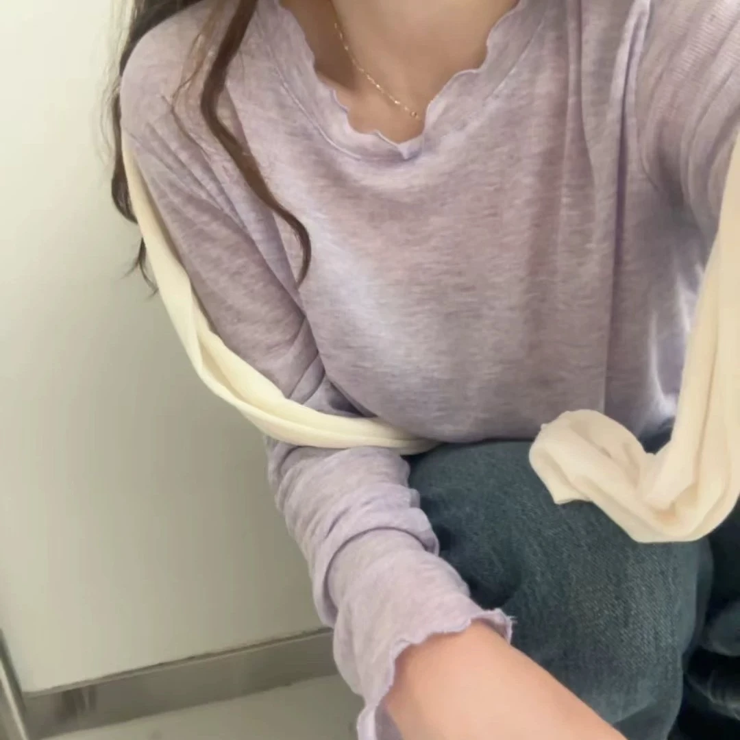 /竹节T/ 人手一件！水溶木耳边圆领长袖打底衫 LL17