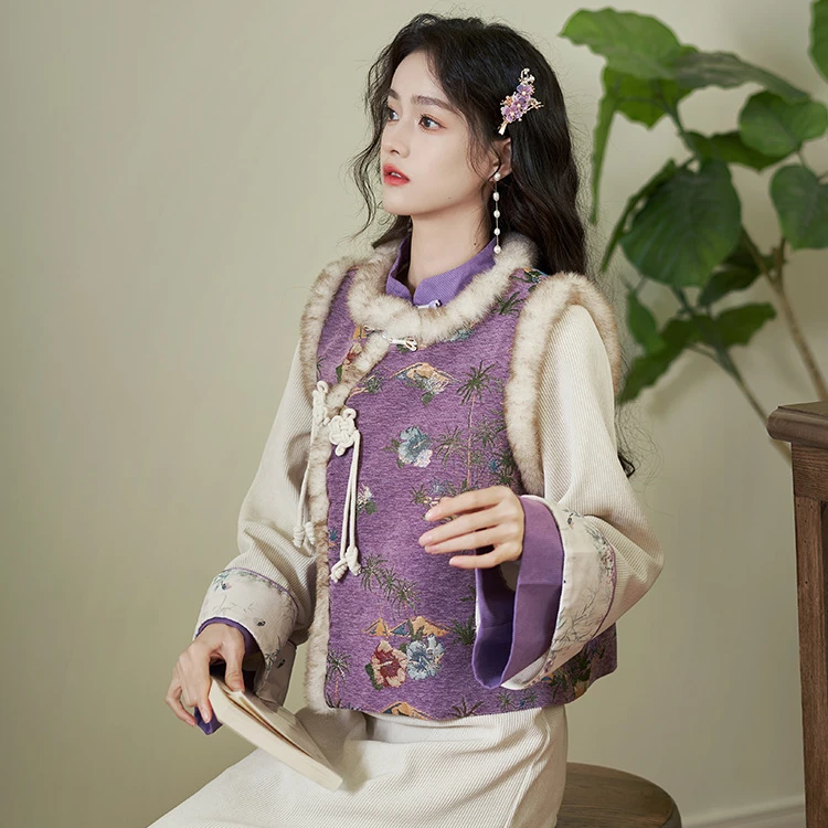 紫槿 新中式女装冬季旗袍复古国风日常中式马甲旗袍套装