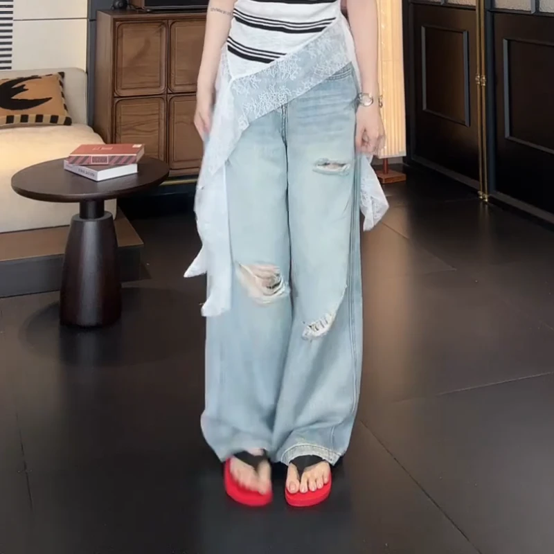 2025夏季新款设计感休闲时尚复古百搭破铜直筒牛仔裤LK2503461