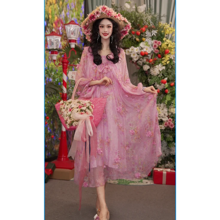 25新款法式设计师夏桑蚕丝气质宽松时尚长款女装连衣裙251D527