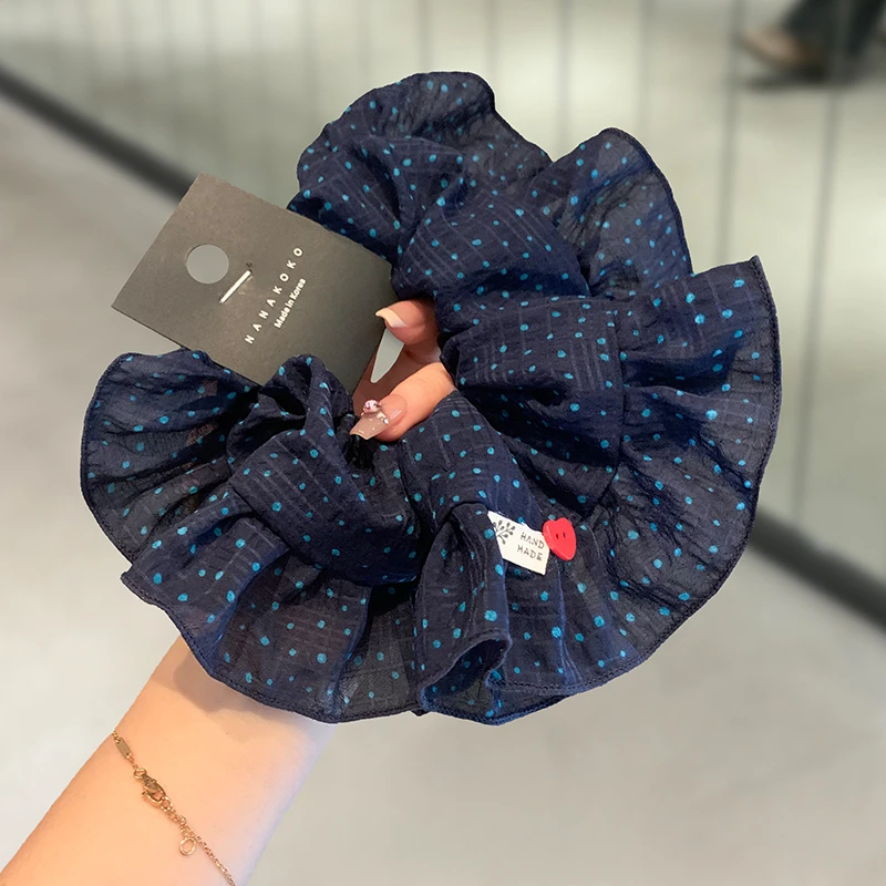 韩国网红气质高级感网纱波点荷叶边爱心肥肠圈大号宽边发圈头绳女