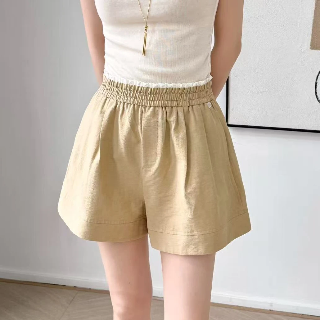 【锦衣服饰】QM 257116韩系拼接松紧腰阔腿短裤