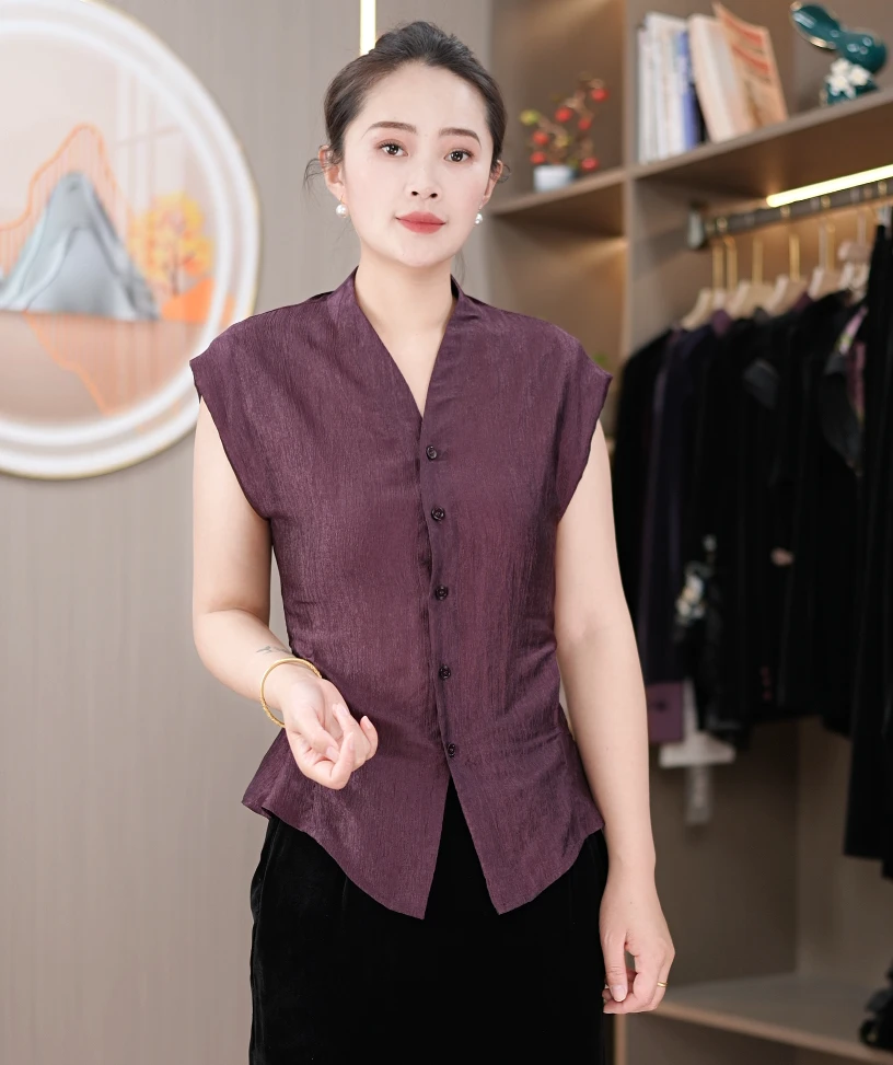 珠光缎顺屿皱V领衬衫质感气质收腰无袖衬衫时尚衬衣