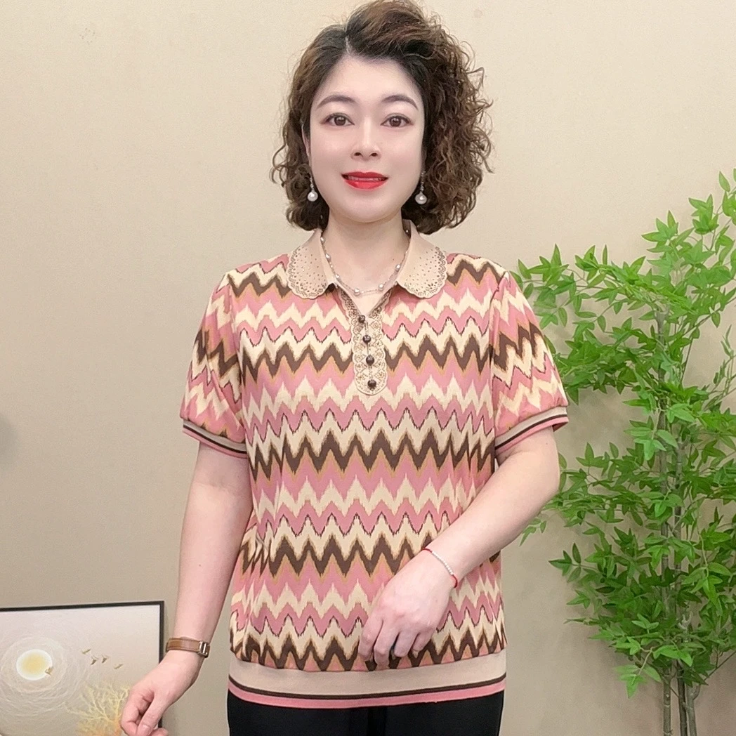 短袖夏季薄款妈妈装弹力翻领气质中年小衫显瘦洋气宽松时尚百搭女