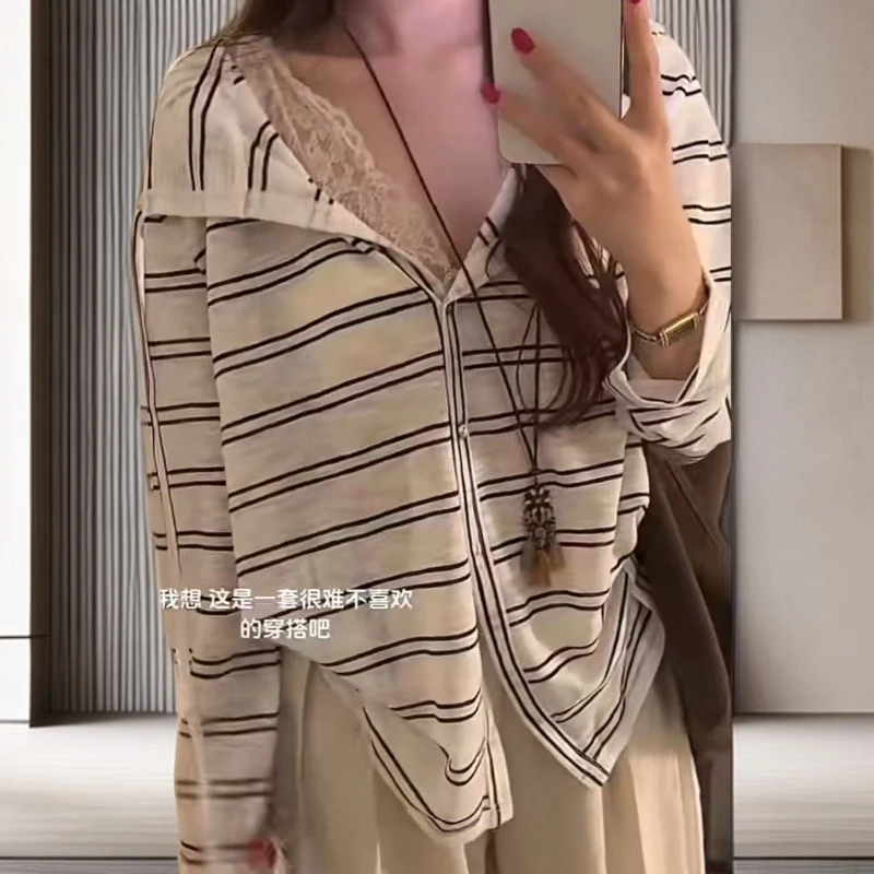 欧洲站2025新款夏季薄款港味条纹长袖连帽针织衫开衫外套