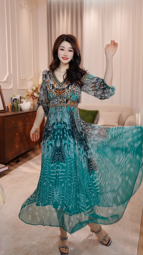 【青羽仙袂】25年新款温柔名媛风优雅气质收腰高端桑蚕丝连衣裙