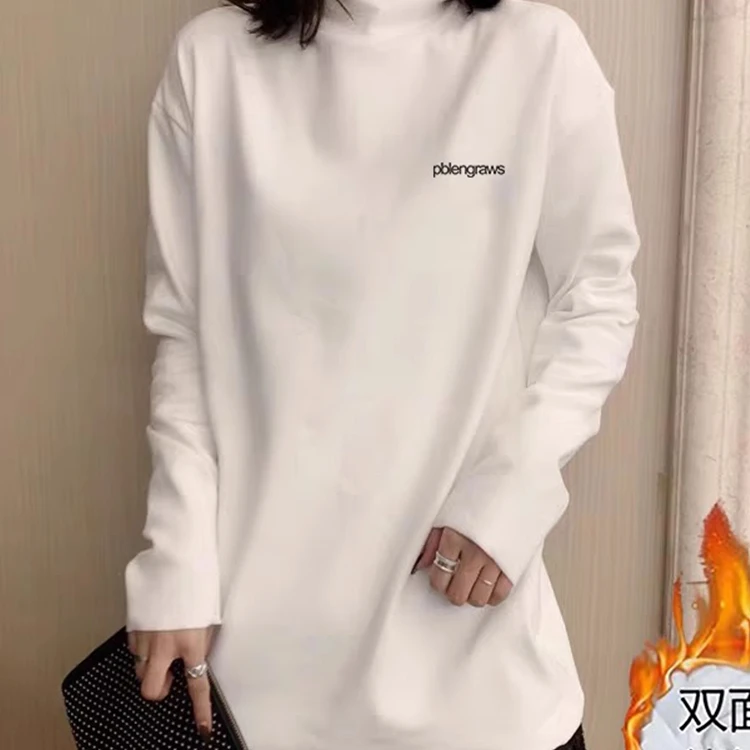 双面德绒高领打底衫女春季加厚保暖内搭中长款白色长袖T恤上衣